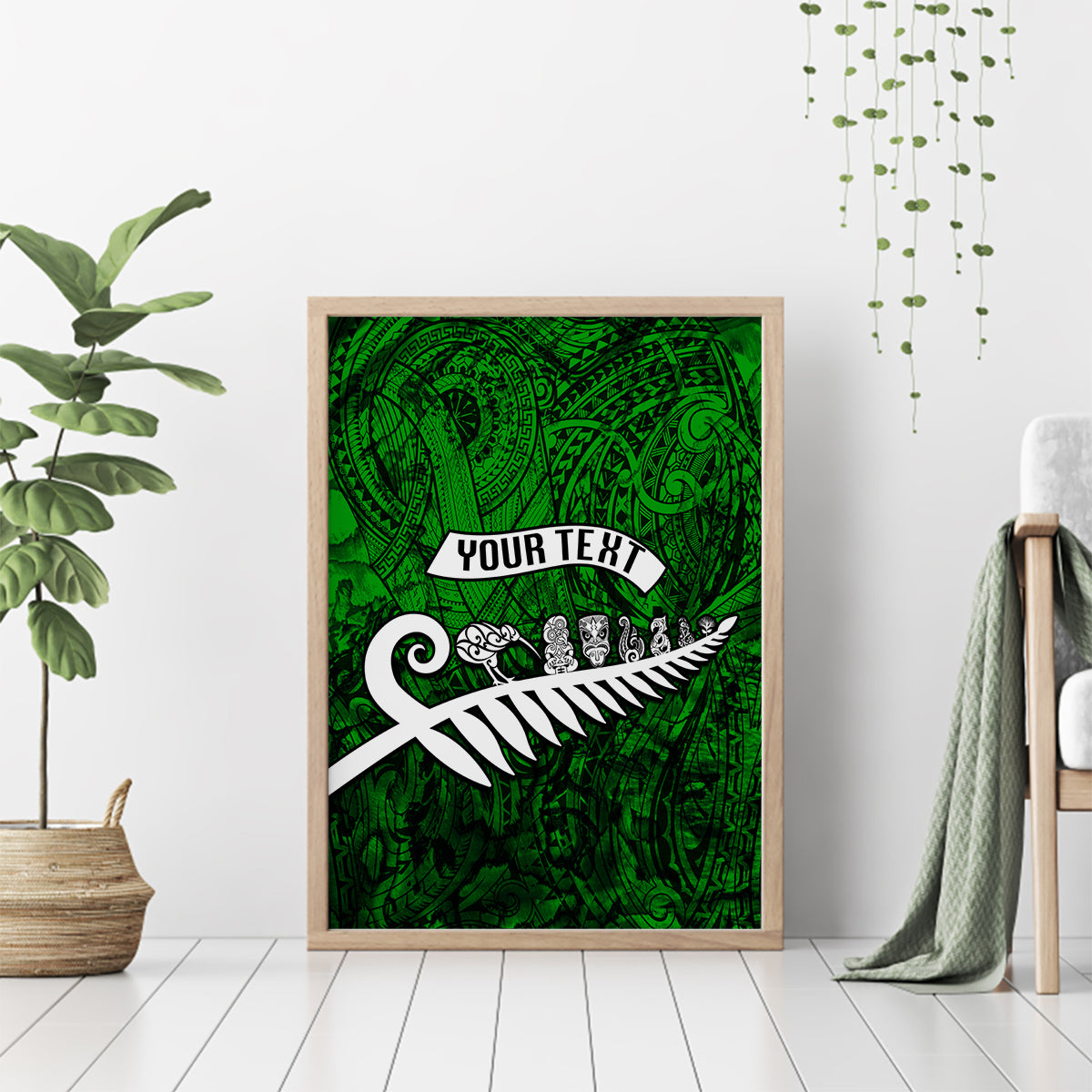 Personalized New Zealand Canvas Wall Art Silver Fern and Maori Symbols Papua Shell Green Style LT03 - Polynesian Pride