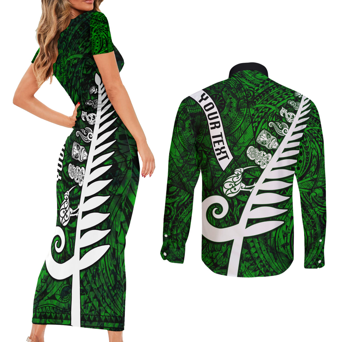 Personalized New Zealand Couples Matching Short Sleeve Bodycon Dress and Long Sleeve Button Shirt Silver Fern and Maori Symbols Papua Shell Green Style LT03 - Polynesian Pride