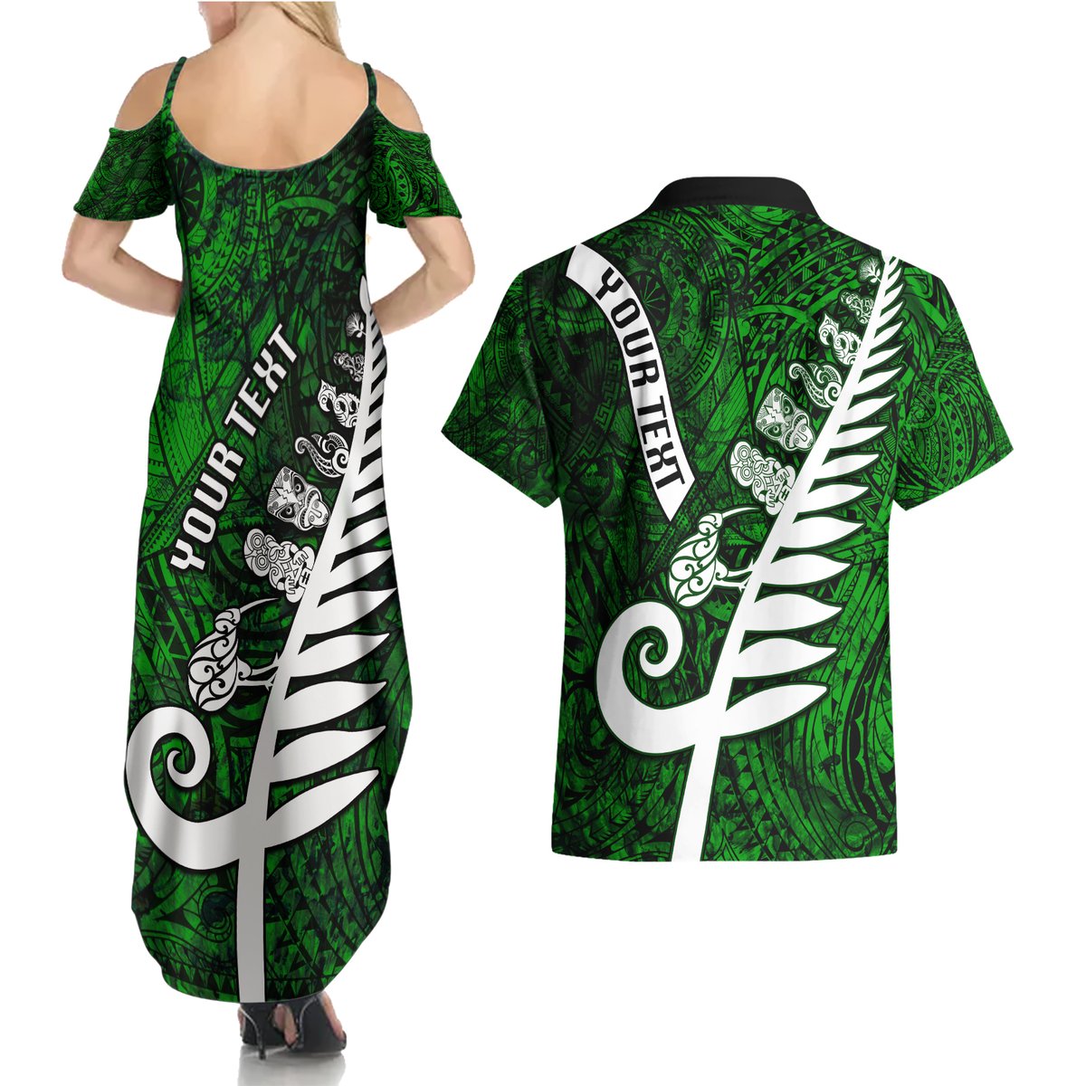 Personalized New Zealand Couples Matching Summer Maxi Dress and Hawaiian Shirt Silver Fern and Maori Symbols Papua Shell Green Style LT03 - Polynesian Pride