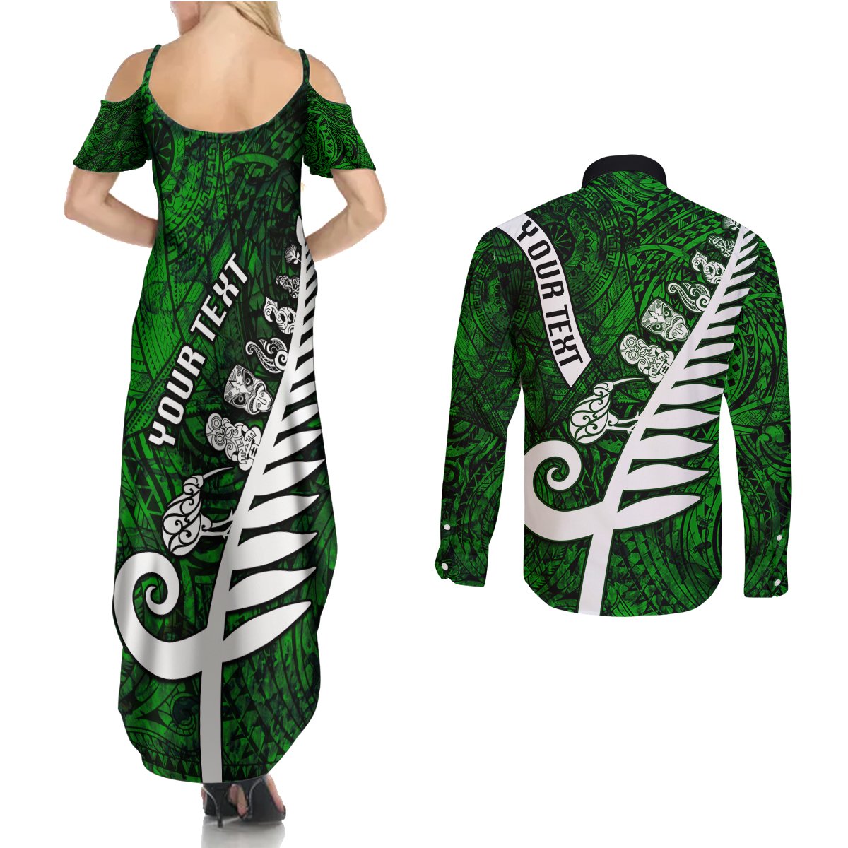 Personalized New Zealand Couples Matching Summer Maxi Dress and Long Sleeve Button Shirt Silver Fern and Maori Symbols Papua Shell Green Style LT03 - Polynesian Pride