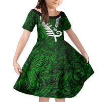 Personalized New Zealand Family Matching Summer Maxi Dress and Hawaiian Shirt Silver Fern and Maori Symbols Papua Shell Green Style LT03 Daughter's Dress Green - Polynesian Pride