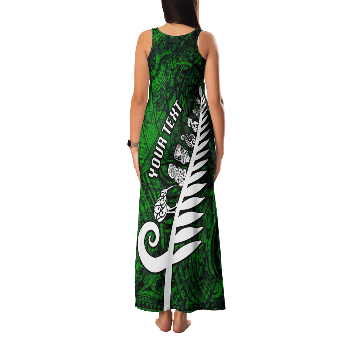 Personalized New Zealand Family Matching Tank Maxi Dress and Hawaiian Shirt Silver Fern and Maori Symbols Papua Shell Green Style LT03 - Polynesian Pride