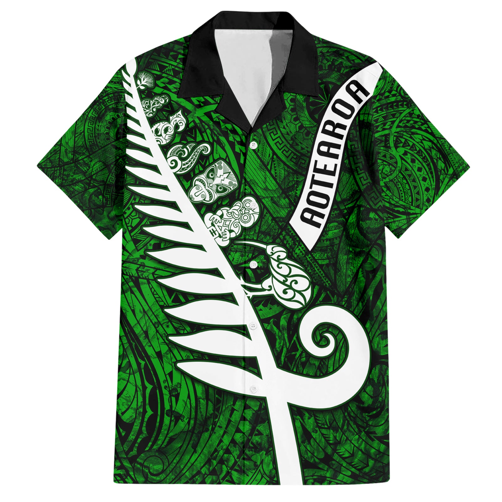 Personalized New Zealand Hawaiian Shirt Silver Fern and Maori Symbols Papua Shell Green Style LT03 Green - Polynesian Pride