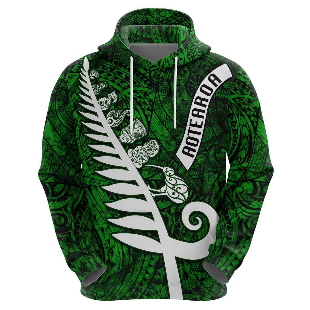 Personalized New Zealand Hoodie Silver Fern and Maori Symbols Papua Shell Green Style LT03 - Polynesian Pride