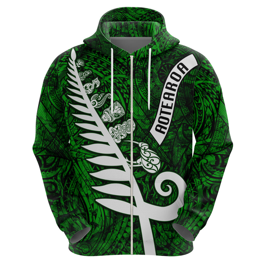 Personalized New Zealand Hoodie Silver Fern and Maori Symbols Papua Shell Green Style LT03 - Polynesian Pride