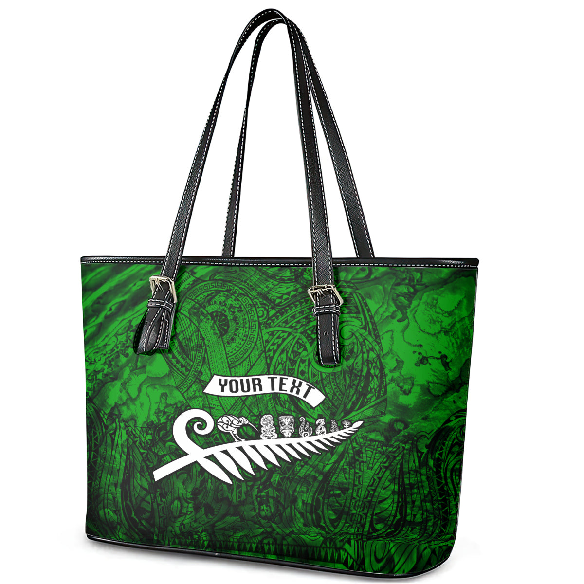Personalized New Zealand Leather Tote Bag Silver Fern and Maori Symbols Papua Shell Green Style LT03 - Polynesian Pride