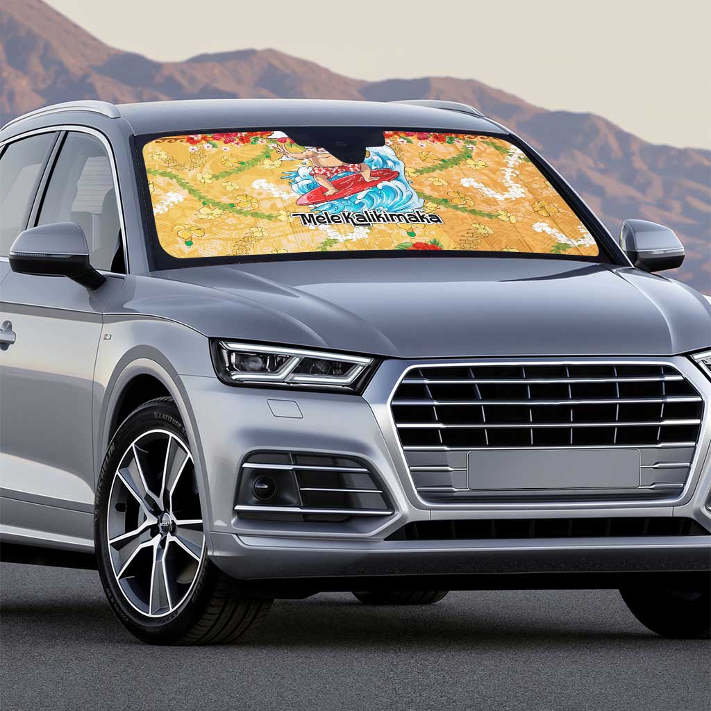 Hawaii Mele Kalikimaka Auto Sun Shade Funny Santa Claus Surfing on Tropical Plants - Polynesian Pride