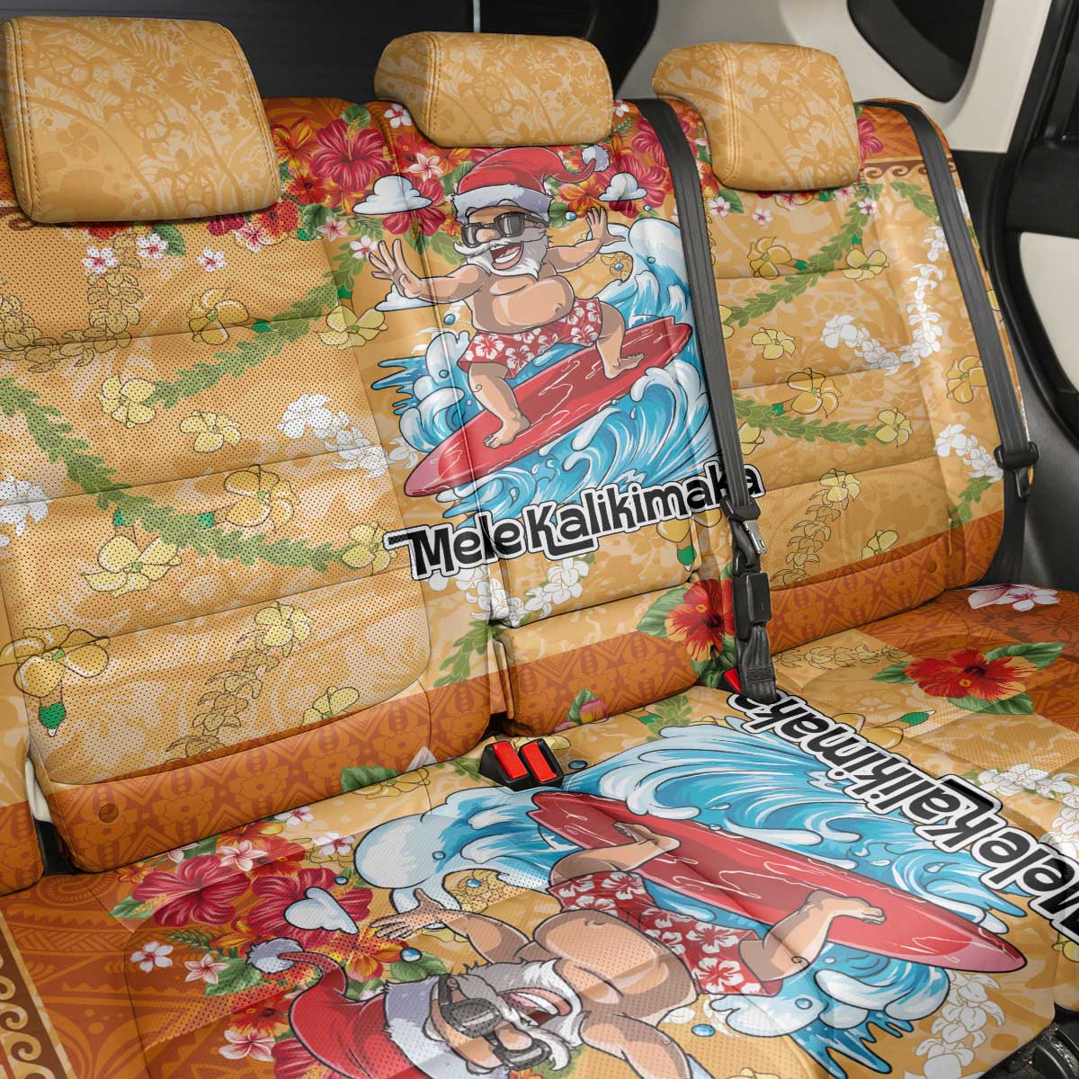 Hawaii Mele Kalikimaka Back Car Seat Cover Funny Santa Claus Surfing on Tropical Plants - Polynesian Pride