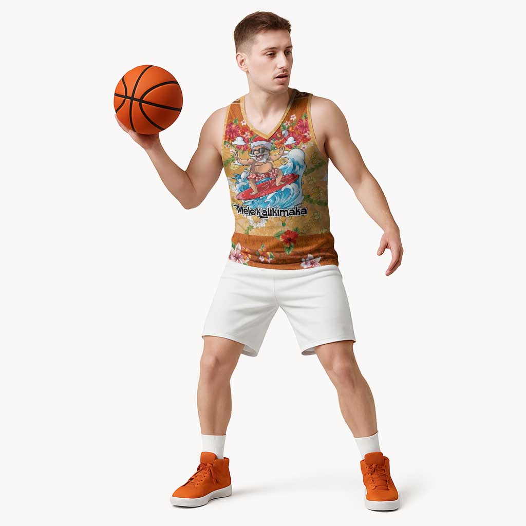 Hawaii Mele Kalikimaka Basketball Jersey Funny Santa Claus Surfing on Tropical Plants - Polynesian Pride