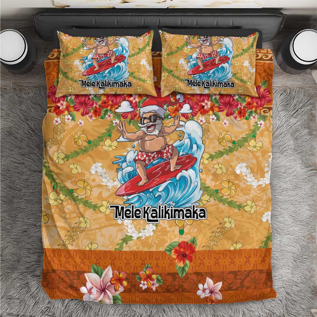 Hawaii Mele Kalikimaka Bedding Set Funny Santa Claus Surfing on Tropical Plants - Polynesian Pride