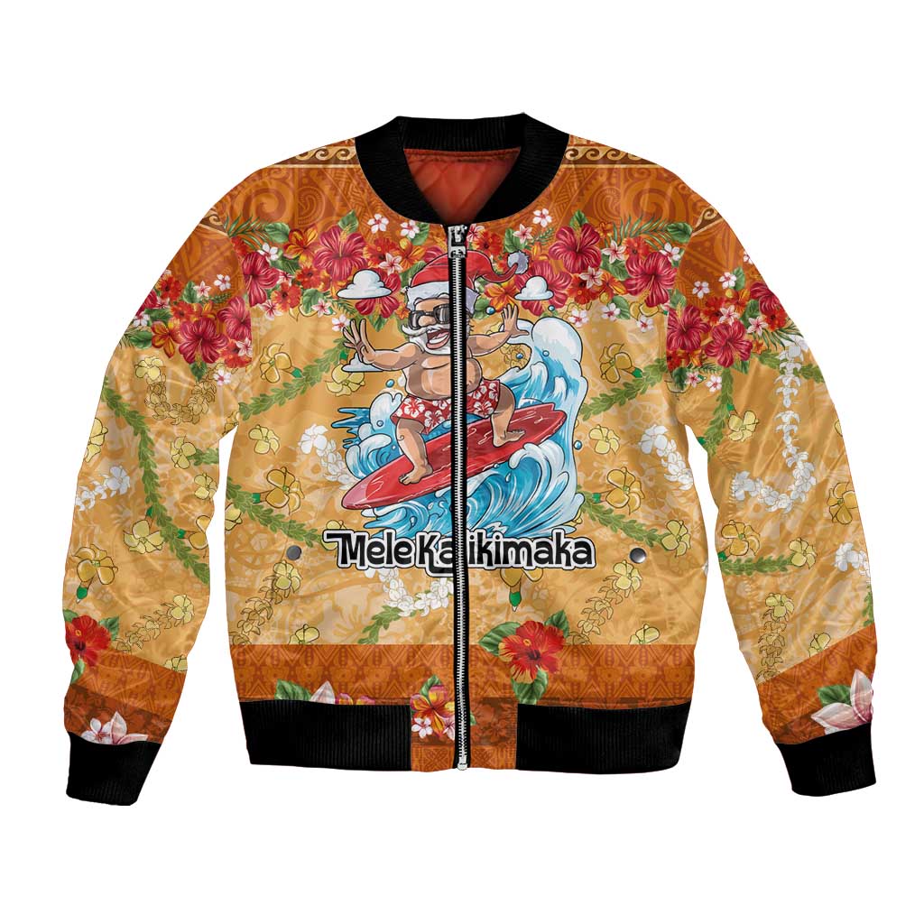 Hawaii Mele Kalikimaka Bomber Jacket Funny Santa Claus Surfing on Tropical Plants - Polynesian Pride