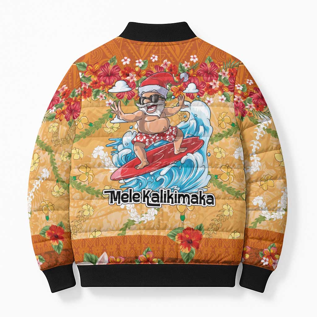Hawaii Mele Kalikimaka Bomber Puffer Jacket Funny Santa Claus Surfing on Tropical Plants - Polynesian Pride