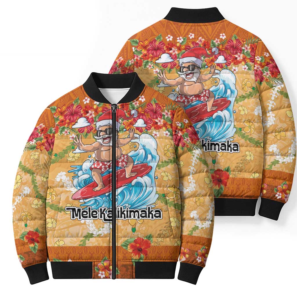 Hawaii Mele Kalikimaka Bomber Puffer Jacket Funny Santa Claus Surfing on Tropical Plants - Polynesian Pride
