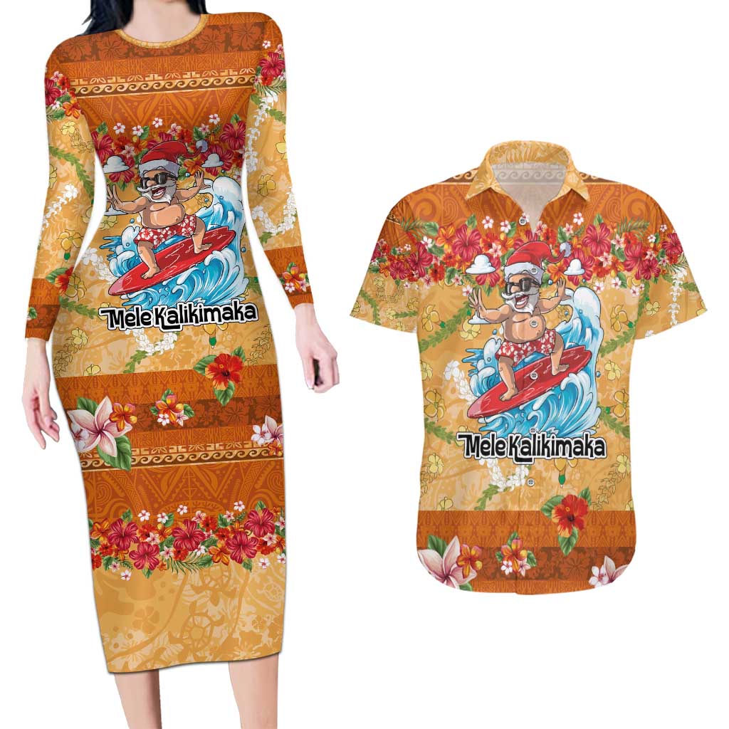 Hawaii Mele Kalikimaka Couples Matching Long Sleeve Bodycon Dress and Hawaiian Shirt Funny Santa Claus Surfing on Tropical Plants - Polynesian Pride