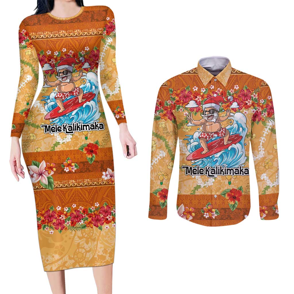 Hawaii Mele Kalikimaka Couples Matching Long Sleeve Bodycon Dress and Long Sleeve Button Shirt Funny Santa Claus Surfing on Tropical Plants - Polynesian Pride