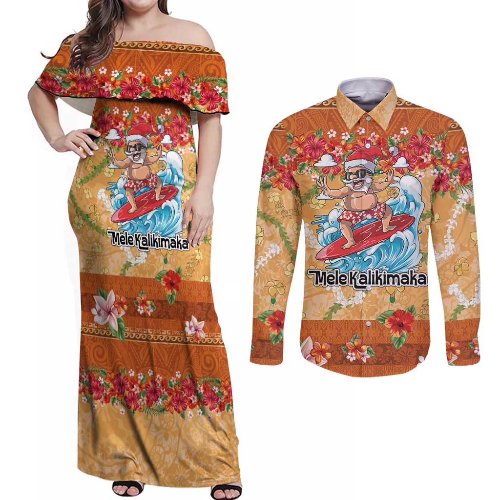 Hawaii Mele Kalikimaka Couples Matching Off Shoulder Maxi Dress and Long Sleeve Button Shirt Funny Santa Claus Surfing on Tropical Plants - Polynesian Pride