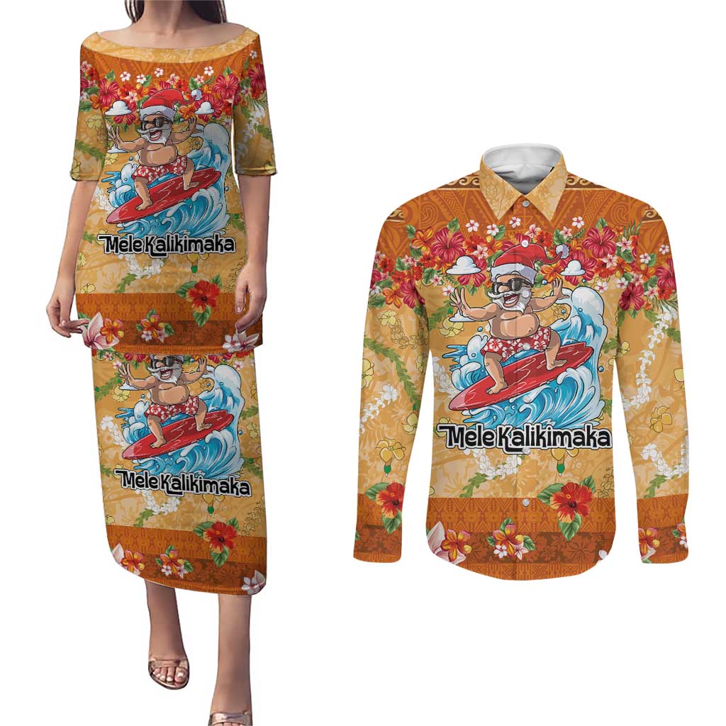 Hawaii Mele Kalikimaka Couples Matching Puletasi and Long Sleeve Button Shirt Funny Santa Claus Surfing on Tropical Plants - Polynesian Pride