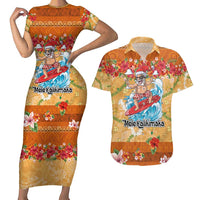 Hawaii Mele Kalikimaka Couples Matching Short Sleeve Bodycon Dress and Hawaiian Shirt Funny Santa Claus Surfing on Tropical Plants - Polynesian Pride