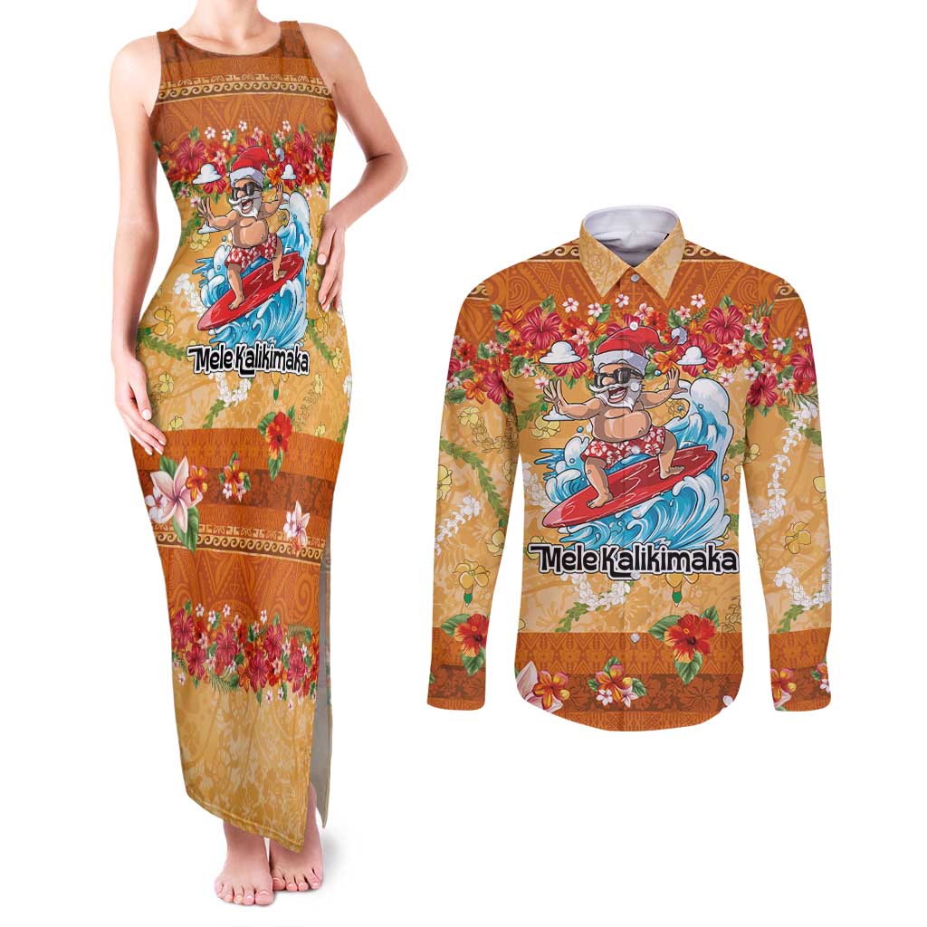 Hawaii Mele Kalikimaka Couples Matching Tank Maxi Dress and Long Sleeve Button Shirt Funny Santa Claus Surfing on Tropical Plants - Polynesian Pride