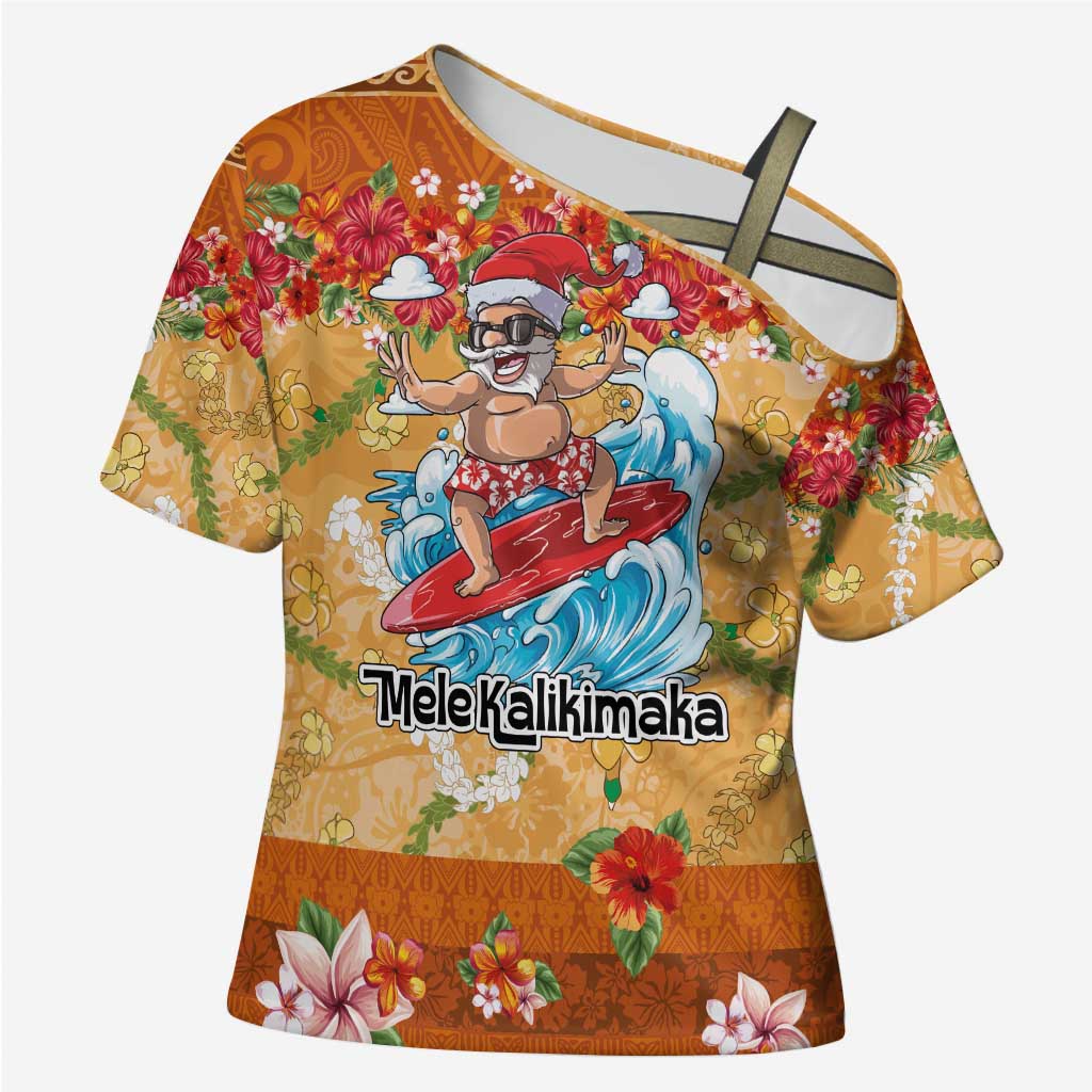 Hawaii Mele Kalikimaka Cross Shoulder Shirt Funny Santa Claus Surfing on Tropical Plants - Polynesian Pride