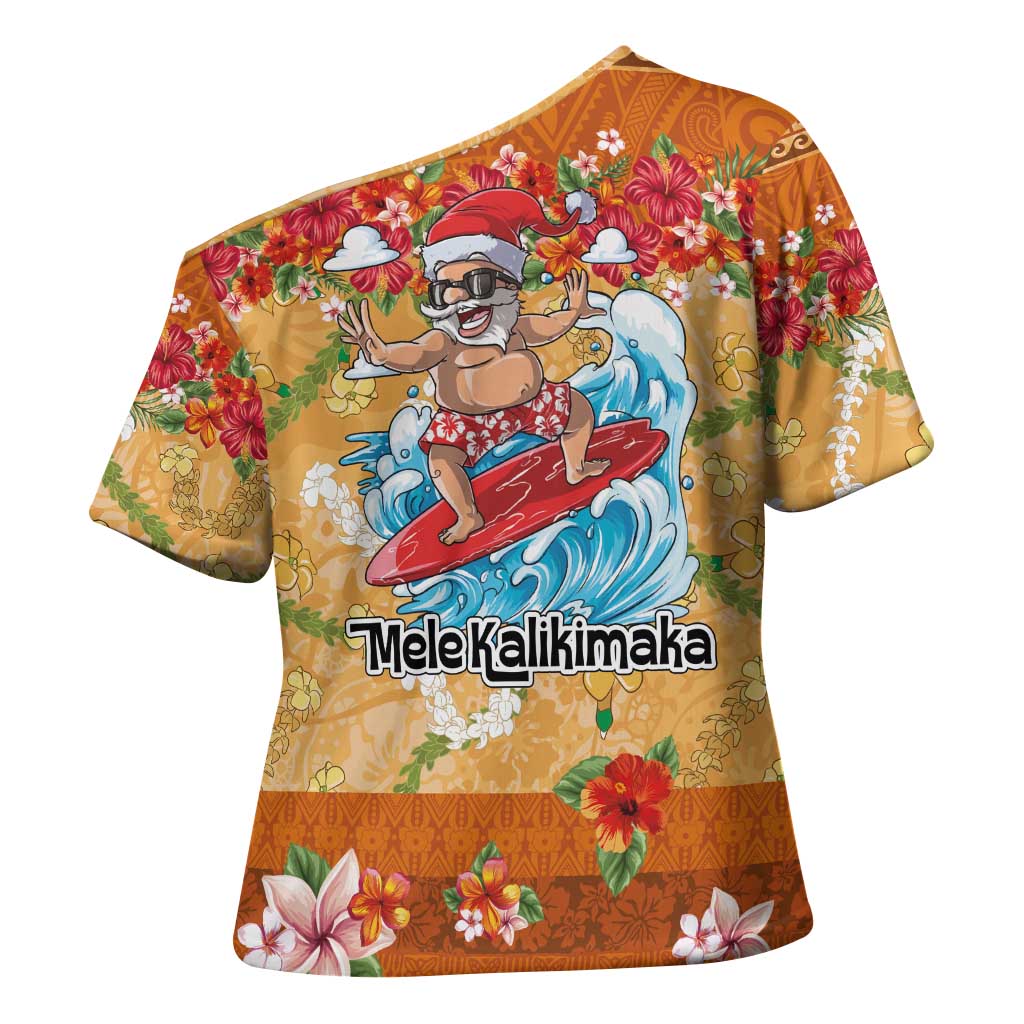 Hawaii Mele Kalikimaka Cross Shoulder Shirt Funny Santa Claus Surfing on Tropical Plants - Polynesian Pride