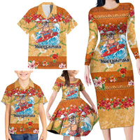Hawaii Mele Kalikimaka Family Matching Long Sleeve Bodycon Dress and Hawaiian Shirt Funny Santa Claus Surfing on Tropical Plants - Polynesian Pride