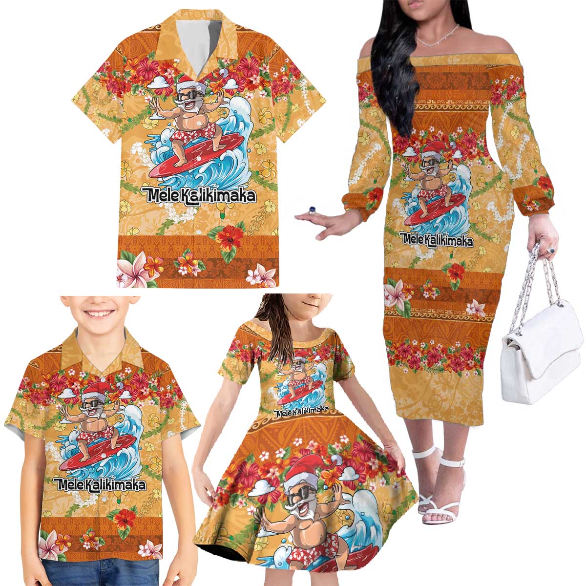 Hawaii Mele Kalikimaka Family Matching Off The Shoulder Long Sleeve Dress and Hawaiian Shirt Funny Santa Claus Surfing on Tropical Plants - Polynesian Pride