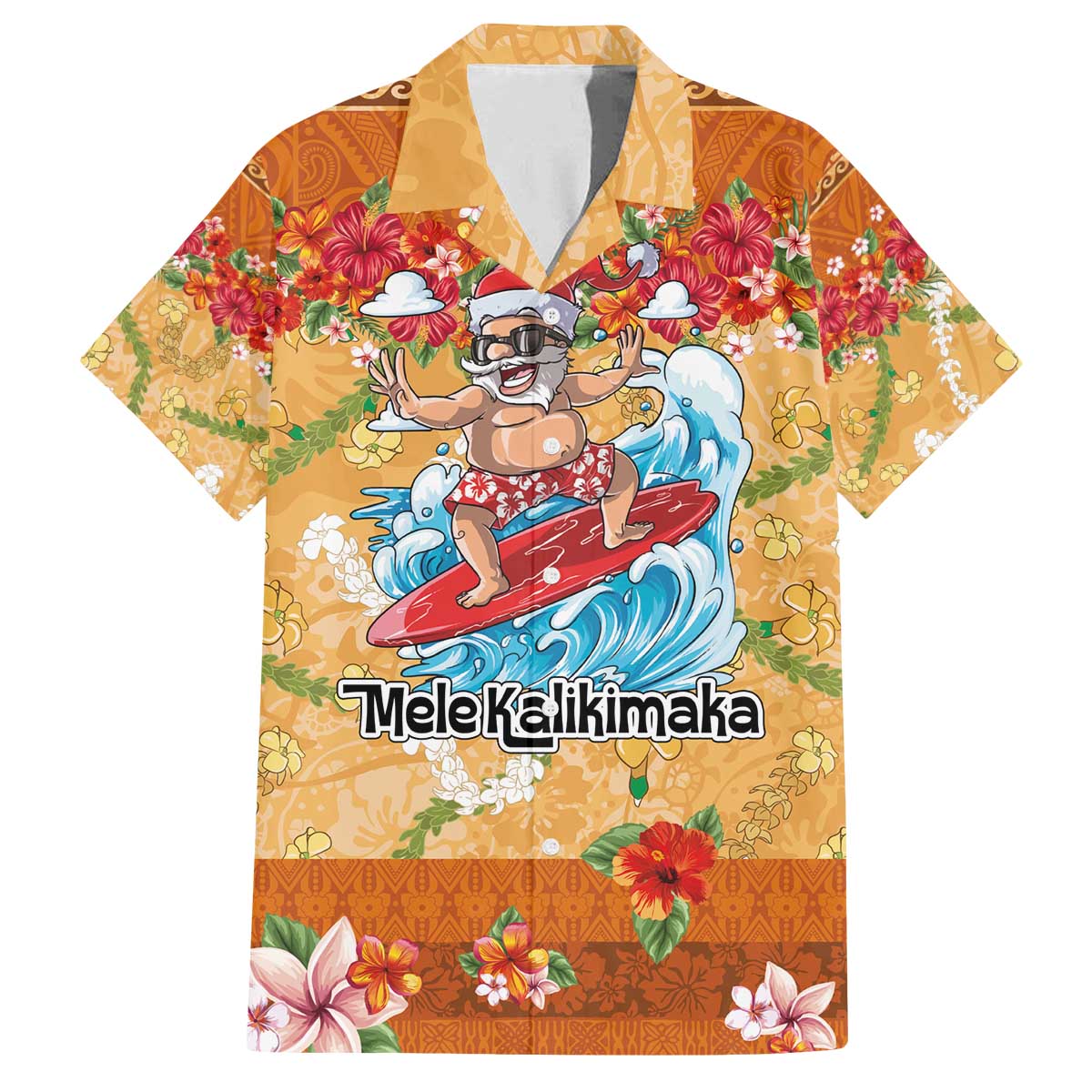 Hawaii Mele Kalikimaka Family Matching Off The Shoulder Long Sleeve Dress and Hawaiian Shirt Funny Santa Claus Surfing on Tropical Plants - Polynesian Pride
