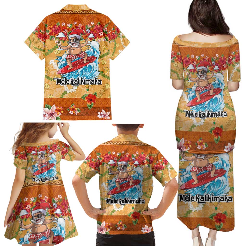 Hawaii Mele Kalikimaka Family Matching Puletasi and Hawaiian Shirt Funny Santa Claus Surfing on Tropical Plants - Polynesian Pride