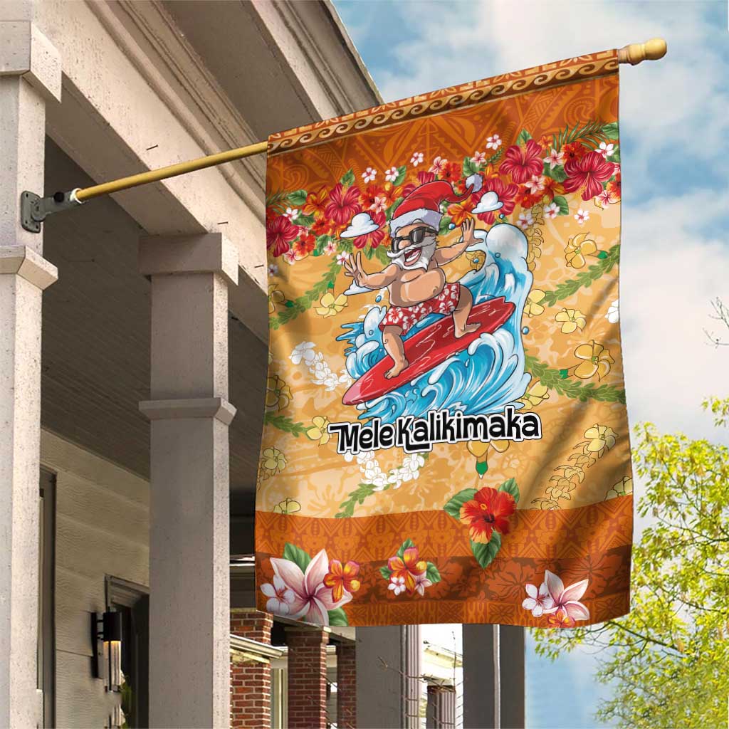 Hawaii Mele Kalikimaka Garden Flag Funny Santa Claus Surfing on Tropical Plants - Polynesian Pride