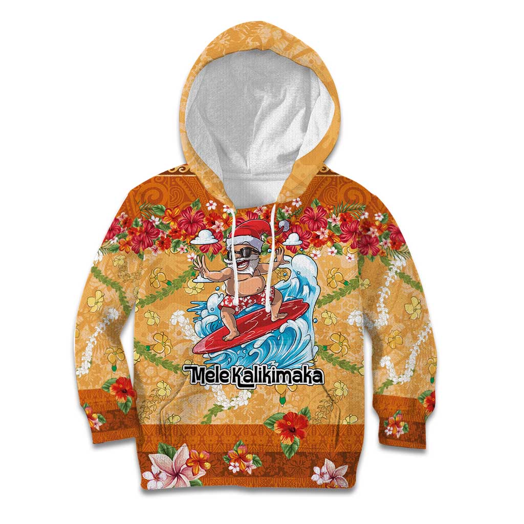 Hawaii Mele Kalikimaka Kid Hoodie Funny Santa Claus Surfing on Tropical Plants - Polynesian Pride