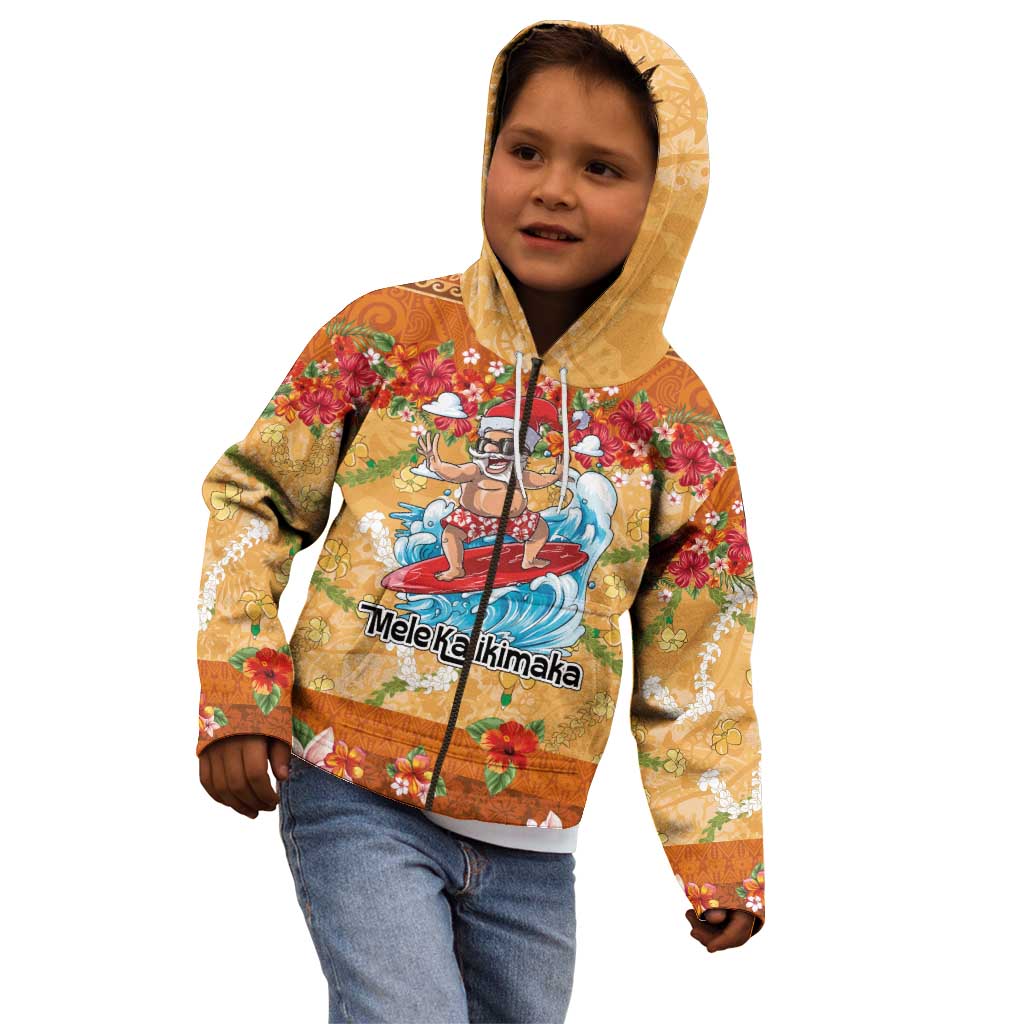 Hawaii Mele Kalikimaka Kid Hoodie Funny Santa Claus Surfing on Tropical Plants - Polynesian Pride