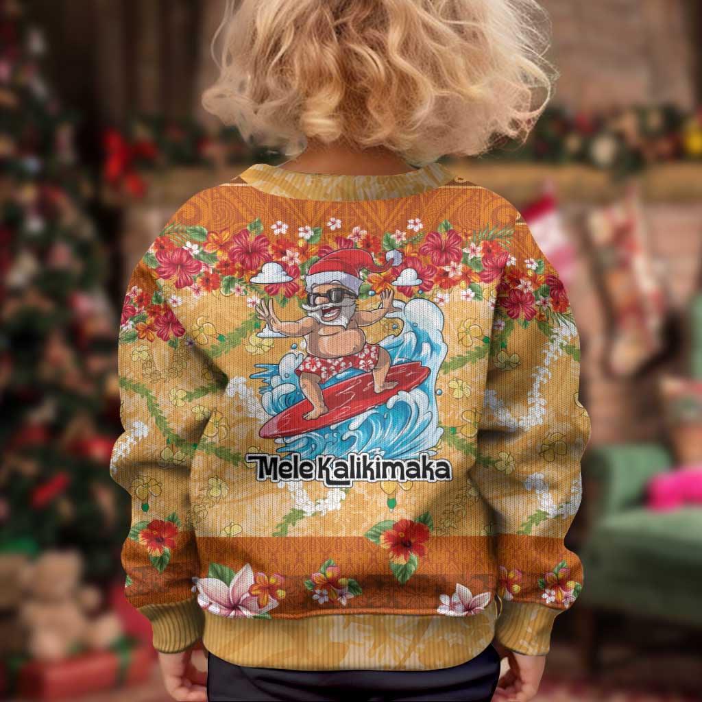 Hawaii Mele Kalikimaka Kid Ugly Christmas Sweater Funny Santa Claus Surfing on Tropical Plants - Polynesian Pride