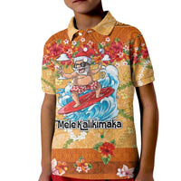 Hawaii Mele Kalikimaka Kid Polo Shirt Funny Santa Claus Surfing on Tropical Plants - Polynesian Pride