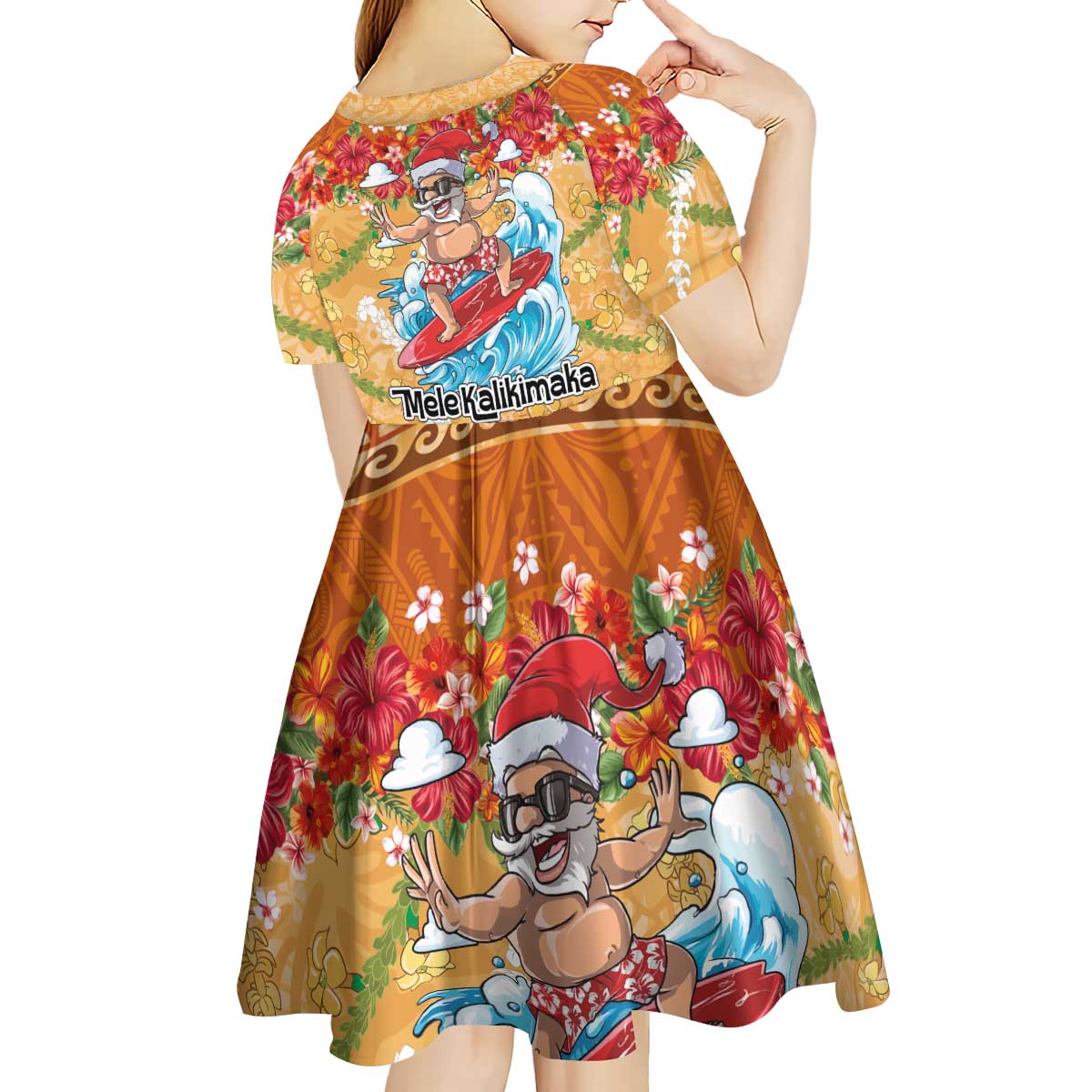 Hawaii Mele Kalikimaka Kid Short Sleeve Dress Funny Santa Claus Surfing on Tropical Plants - Polynesian Pride