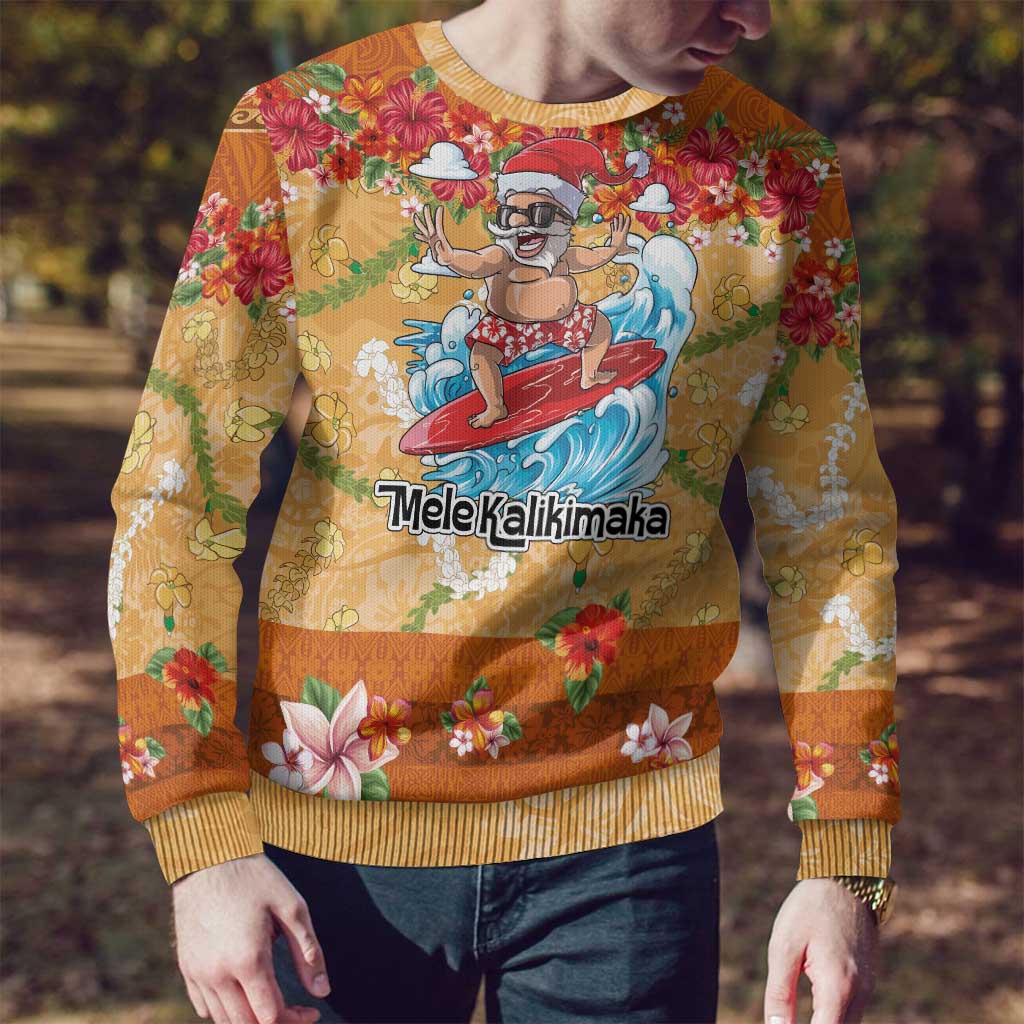 Hawaii Mele Kalikimaka Ugly Christmas Sweater Funny Santa Claus Surfing on Tropical Plants - Polynesian Pride