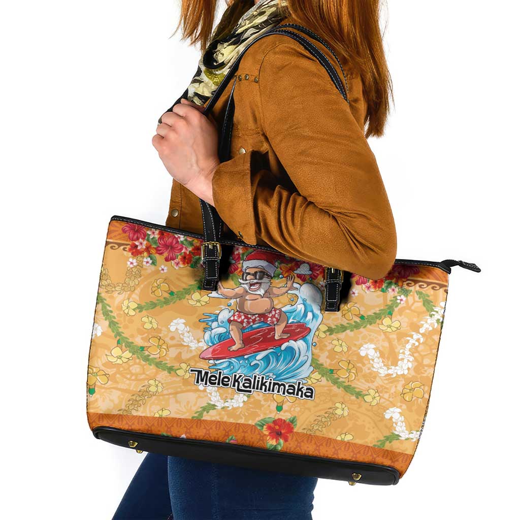 Hawaii Mele Kalikimaka Leather Tote Bag Funny Santa Claus Surfing on Tropical Plants - Polynesian Pride