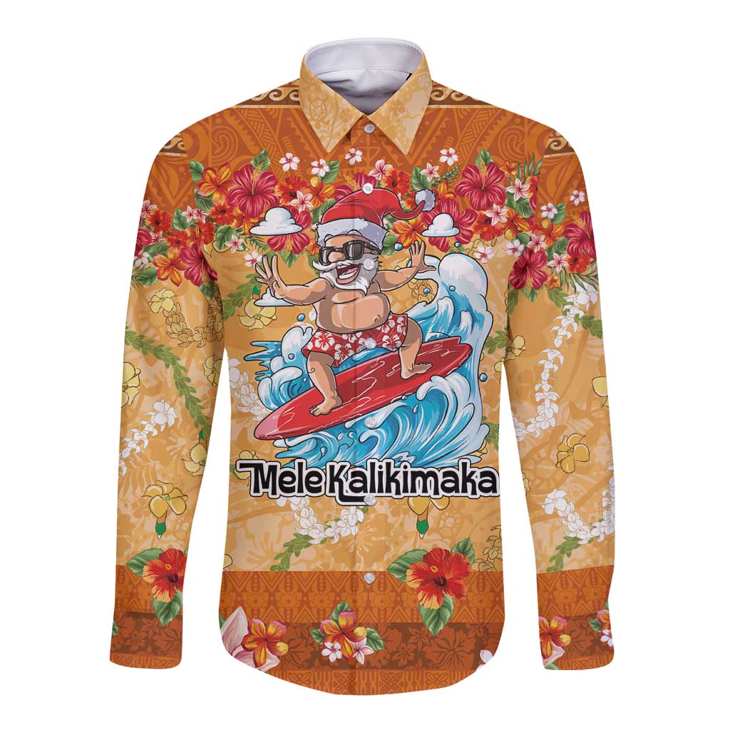 Hawaii Mele Kalikimaka Long Sleeve Button Shirt Funny Santa Claus Surfing on Tropical Plants LT03 Unisex Multicolor - Polynesian Pride