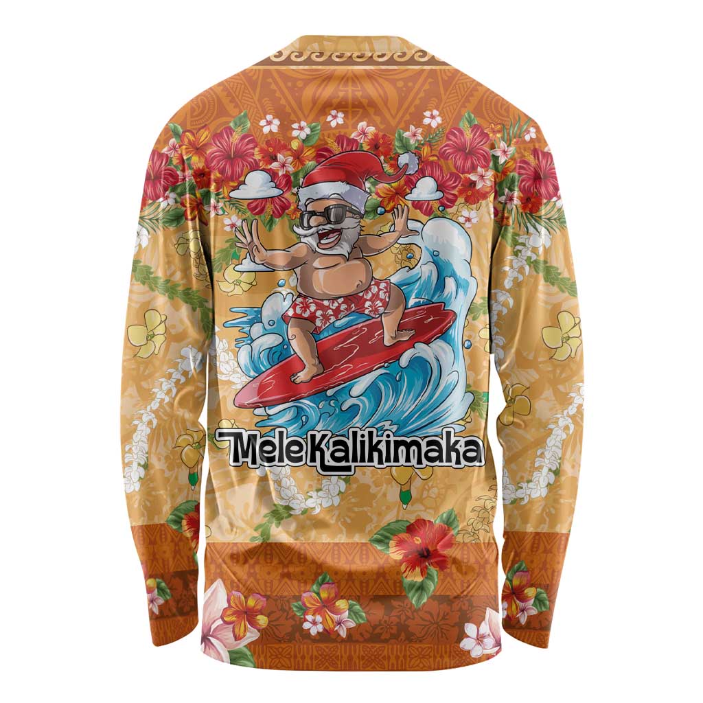 Hawaii Mele Kalikimaka Long Sleeve Shirt Funny Santa Claus Surfing on Tropical Plants LT03 - Polynesian Pride