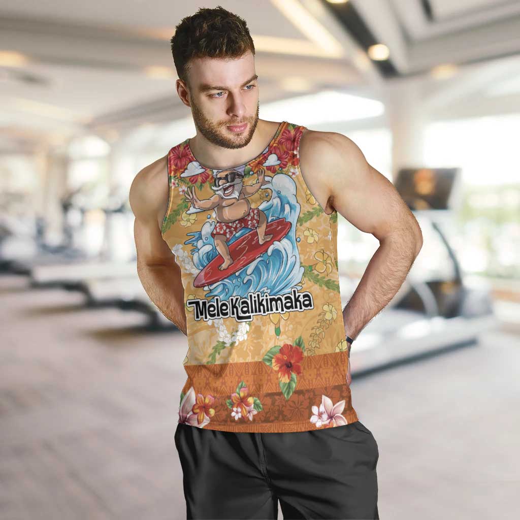 Hawaii Mele Kalikimaka Men Tank Top Funny Santa Claus Surfing on Tropical Plants - Polynesian Pride
