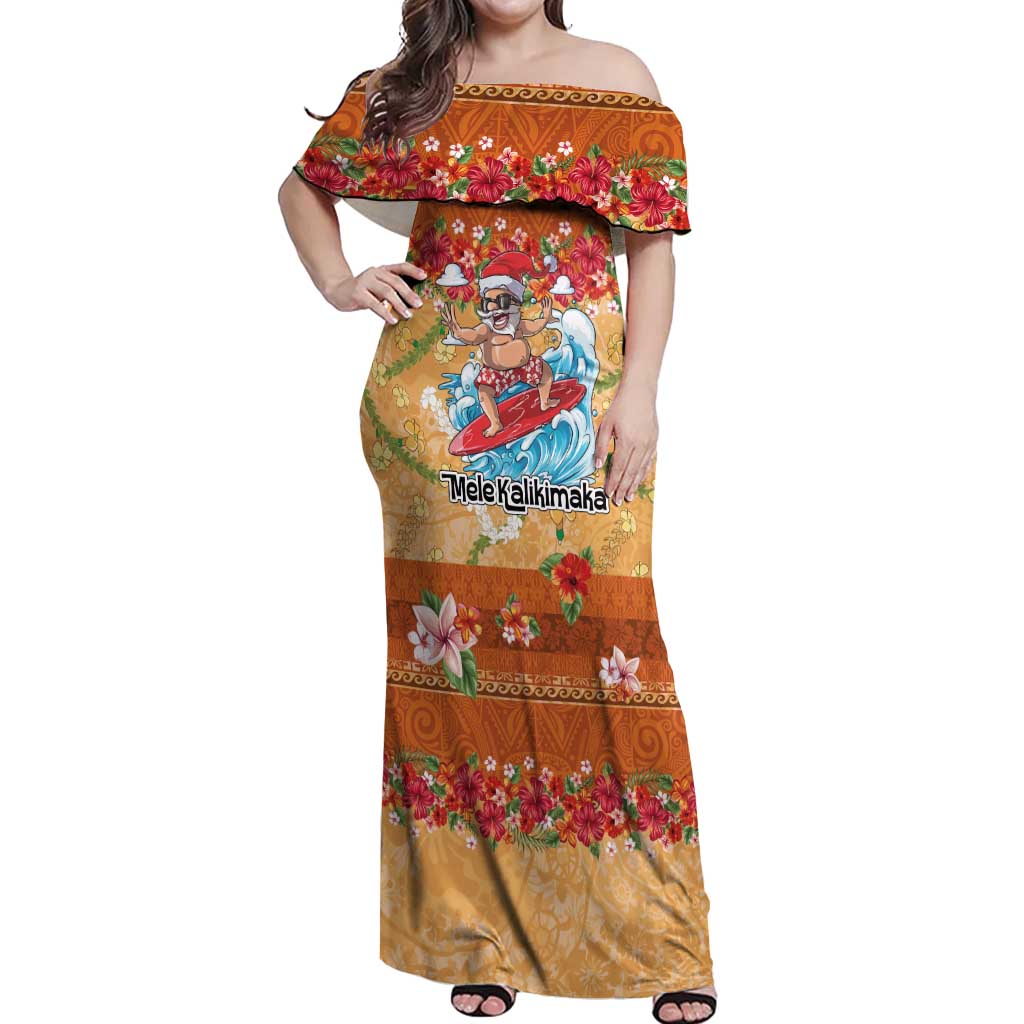 Hawaii Mele Kalikimaka Off Shoulder Maxi Dress Funny Santa Claus Surfing on Tropical Plants - Polynesian Pride