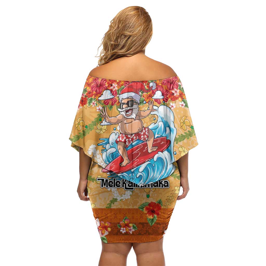 Hawaii Mele Kalikimaka Off Shoulder Short Dress Funny Santa Claus Surfing on Tropical Plants - Polynesian Pride