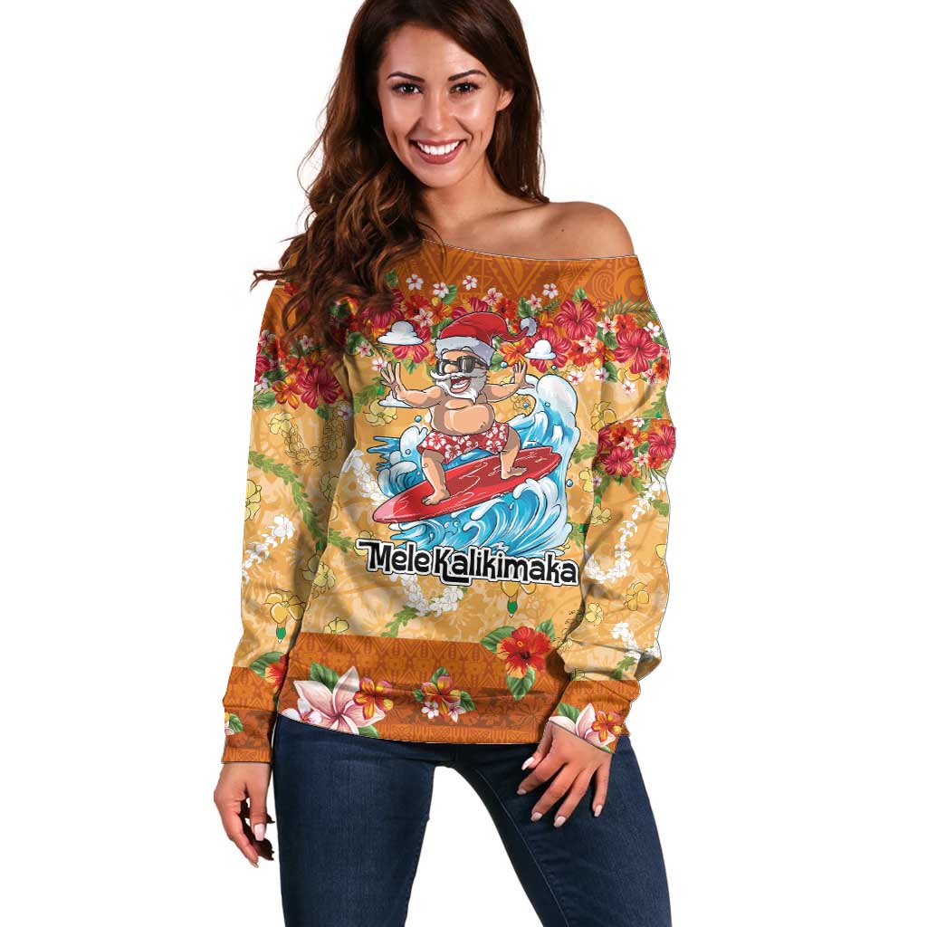 Hawaii Mele Kalikimaka Off Shoulder Sweater Funny Santa Claus Surfing on Tropical Plants - Polynesian Pride