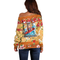 Hawaii Mele Kalikimaka Off Shoulder Sweater Funny Santa Claus Surfing on Tropical Plants - Polynesian Pride