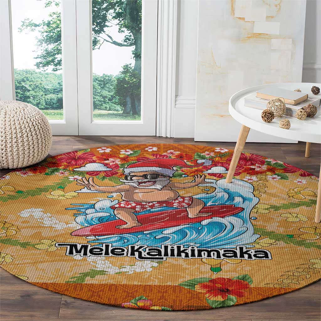 Hawaii Mele Kalikimaka Round Carpet Funny Santa Claus Surfing on Tropical Plants - Polynesian Pride