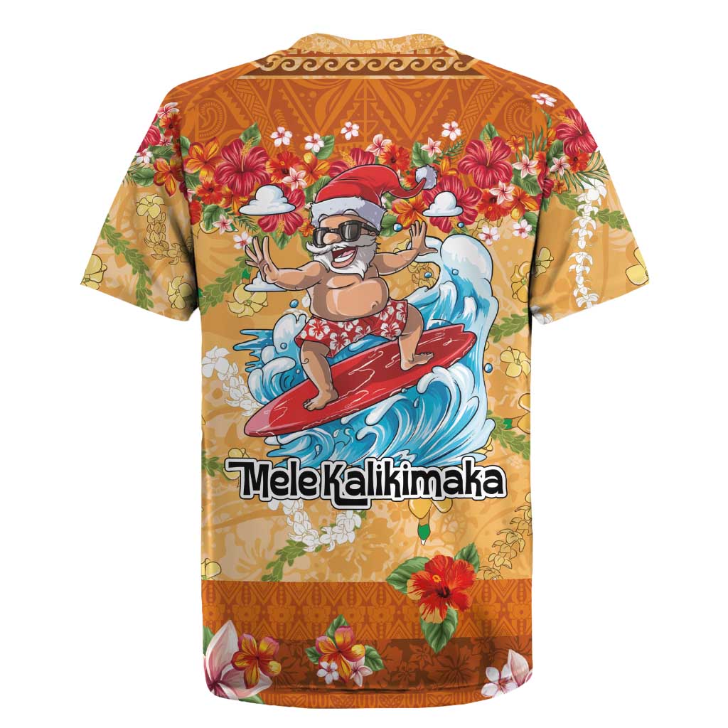 Hawaii Mele Kalikimaka Rugby Jersey Funny Santa Claus Surfing on Tropical Plants - Polynesian Pride