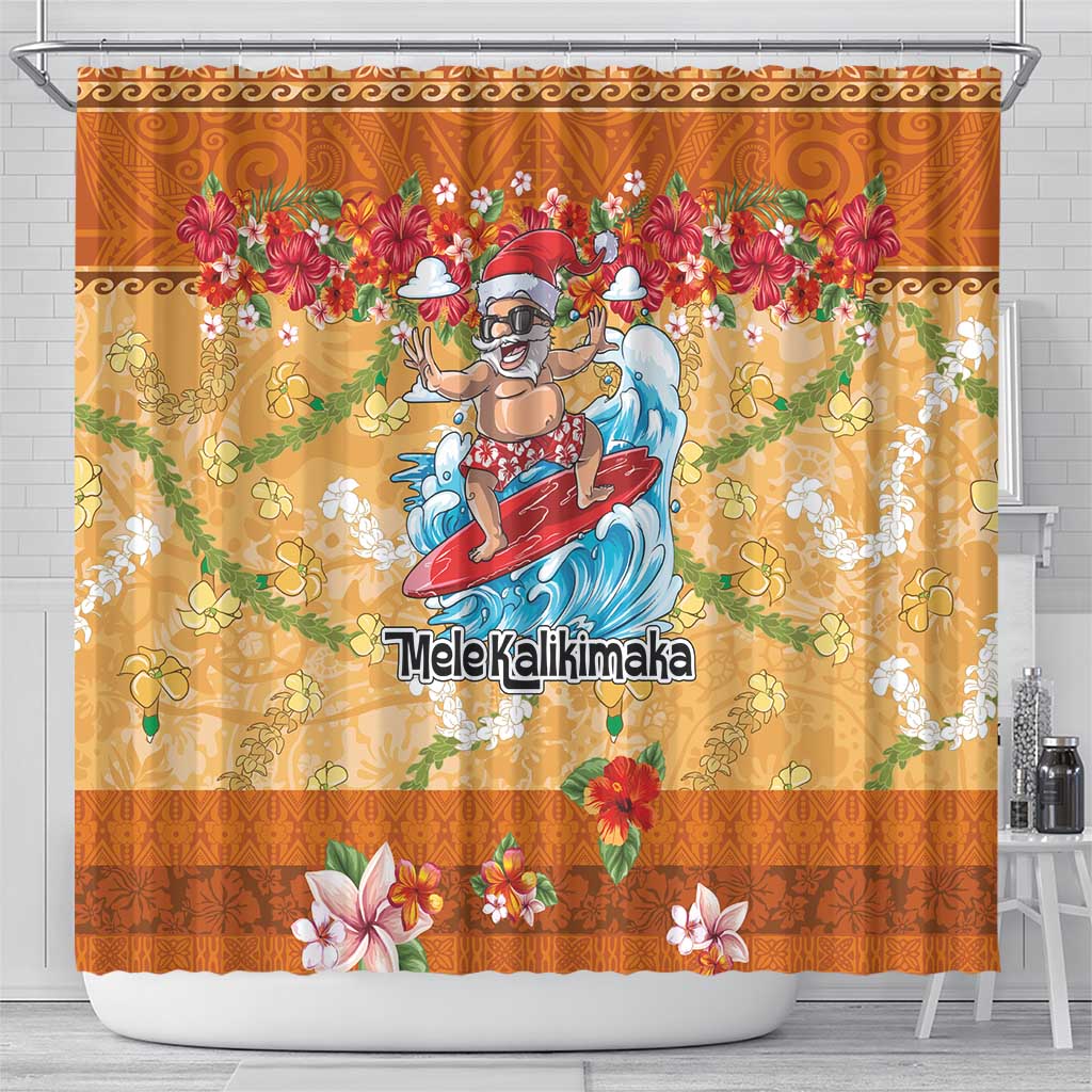 Hawaii Mele Kalikimaka Shower Curtain Funny Santa Claus Surfing on Tropical Plants - Polynesian Pride