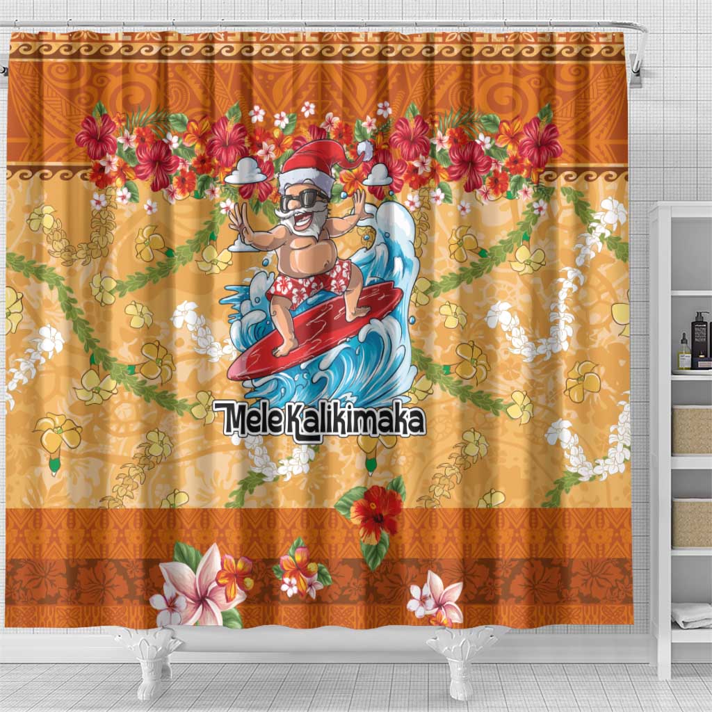 Hawaii Mele Kalikimaka Shower Curtain Funny Santa Claus Surfing on Tropical Plants - Polynesian Pride