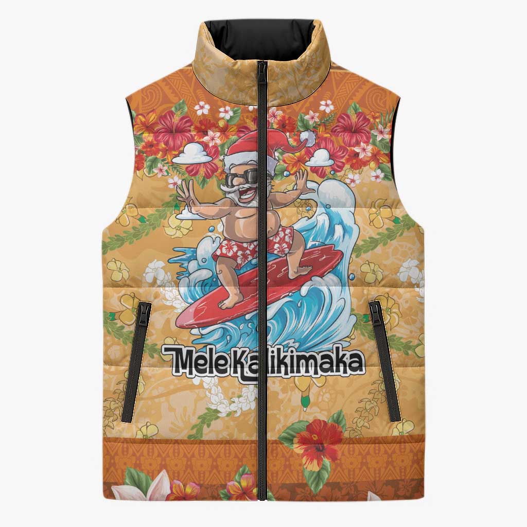 Hawaii Mele Kalikimaka Sleeveless Puffer Jacket Funny Santa Claus Surfing on Tropical Plants - Polynesian Pride