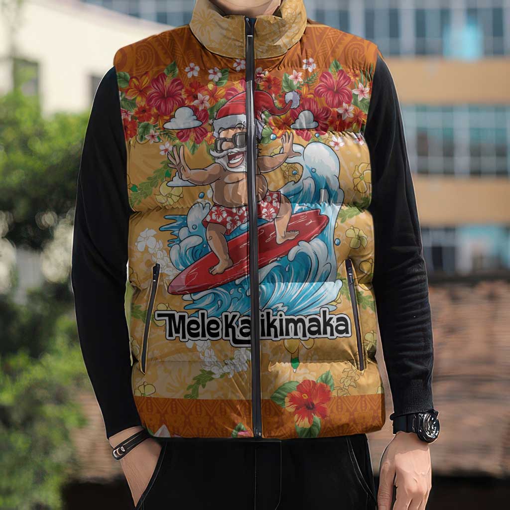 Hawaii Mele Kalikimaka Sleeveless Puffer Jacket Funny Santa Claus Surfing on Tropical Plants - Polynesian Pride